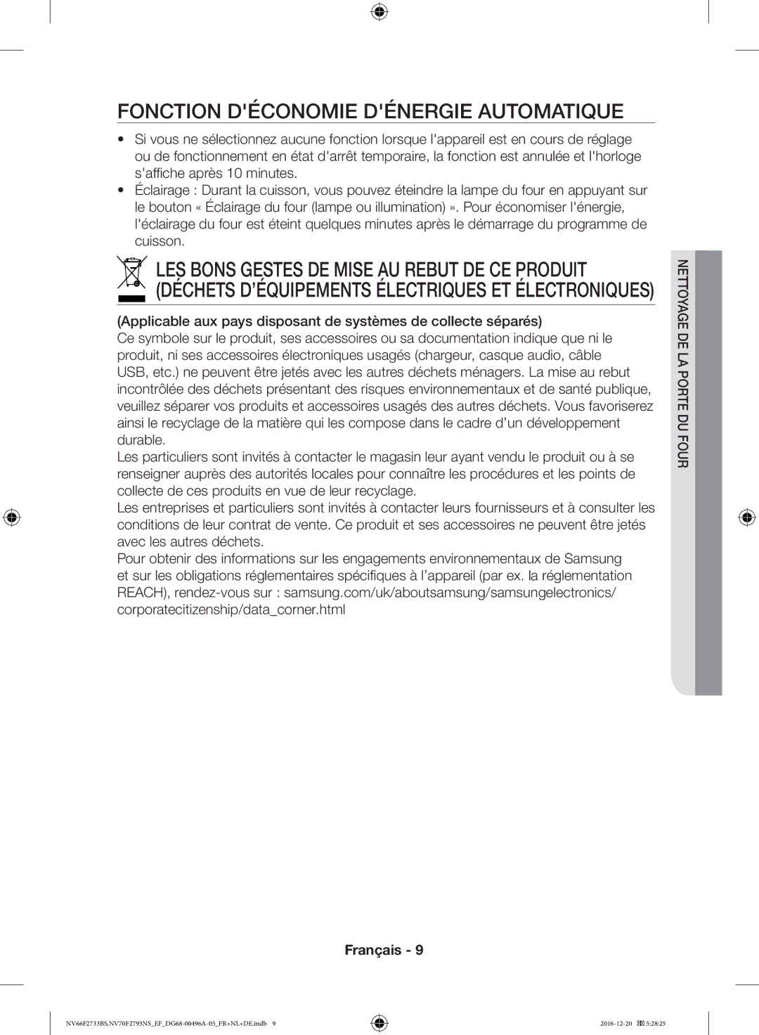 Samsung NV70F2793NS/EF, NV66F2733BS/EF manual Fonction Déconomie Dénergie Automatique 