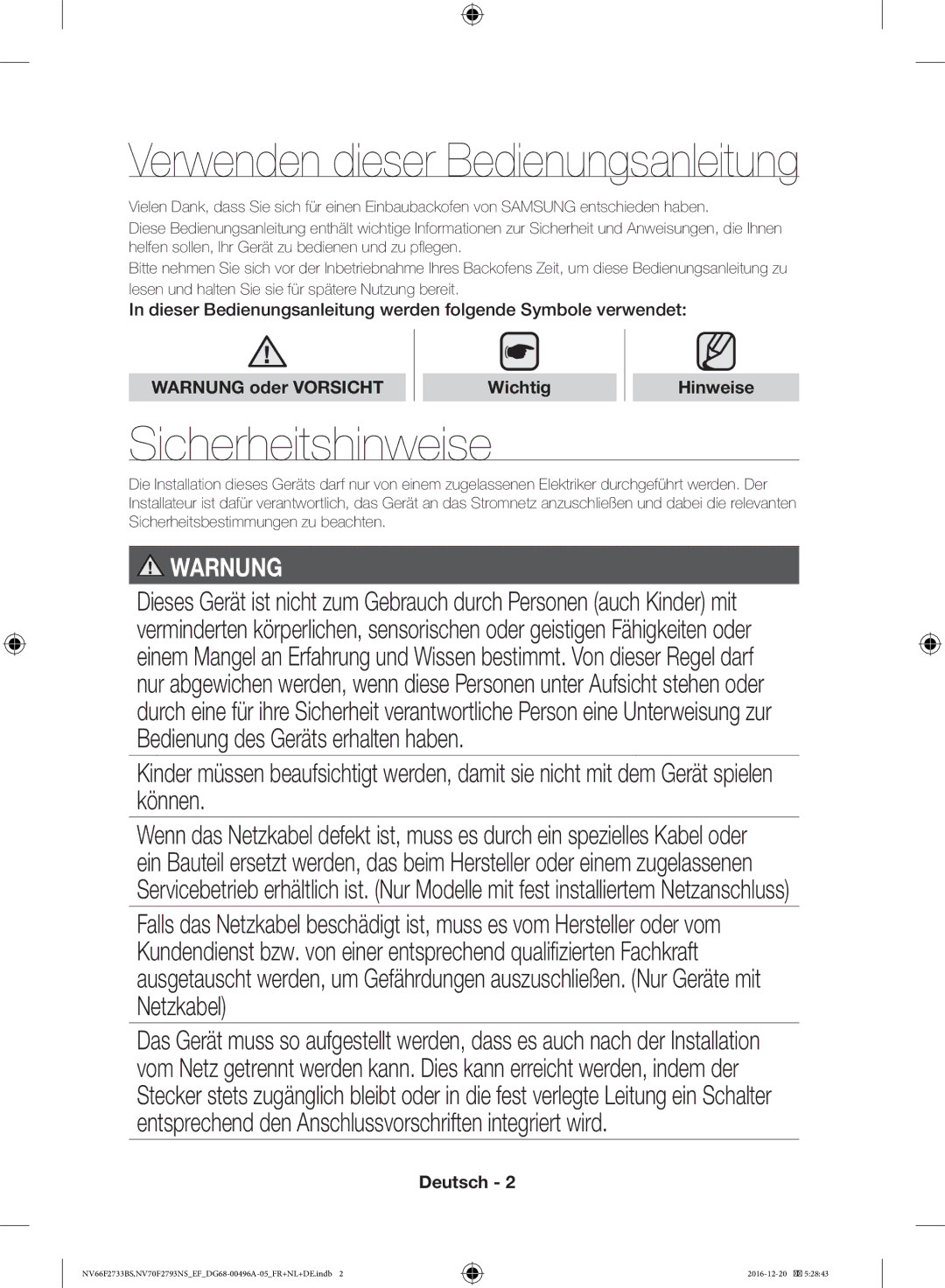 Samsung NV66F2733BS/EF Verwenden dieser Bedienungsanleitung, Sicherheitshinweise, Warnung oder Vorsicht Wichtig Hinweise 