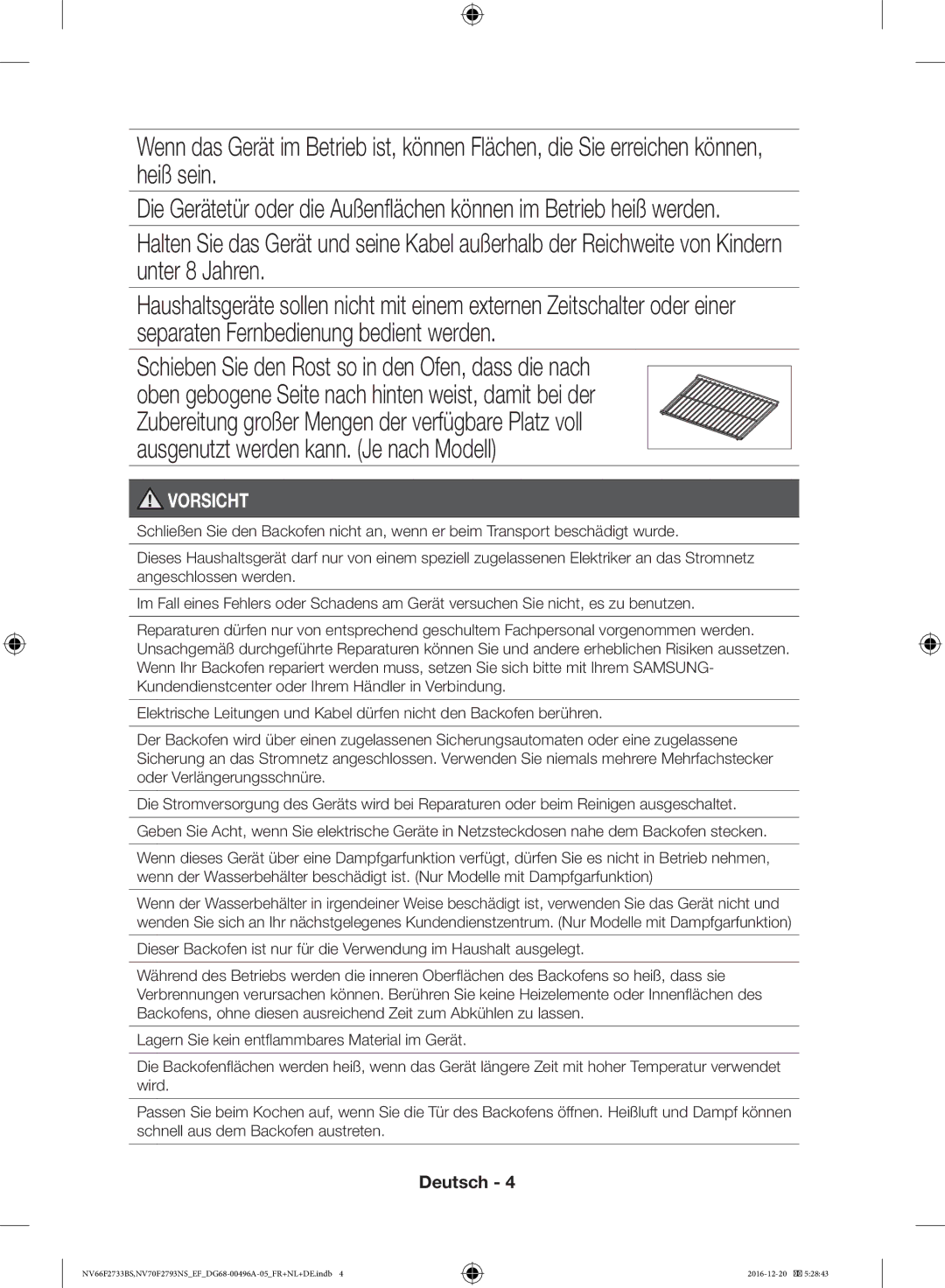 Samsung NV66F2733BS/EF, NV70F2793NS/EF manual Vorsicht 