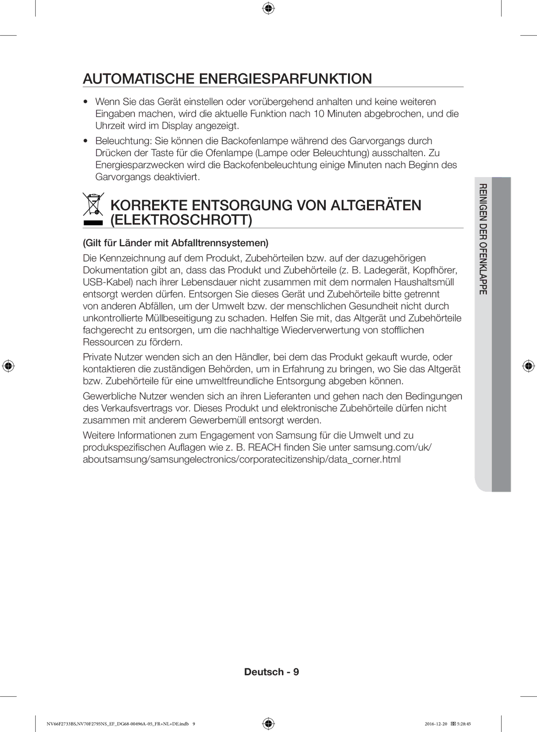 Samsung NV70F2793NS/EF, NV66F2733BS/EF Automatische Energiesparfunktion, Korrekte Entsorgung VON Altgeräten Elektroschrott 