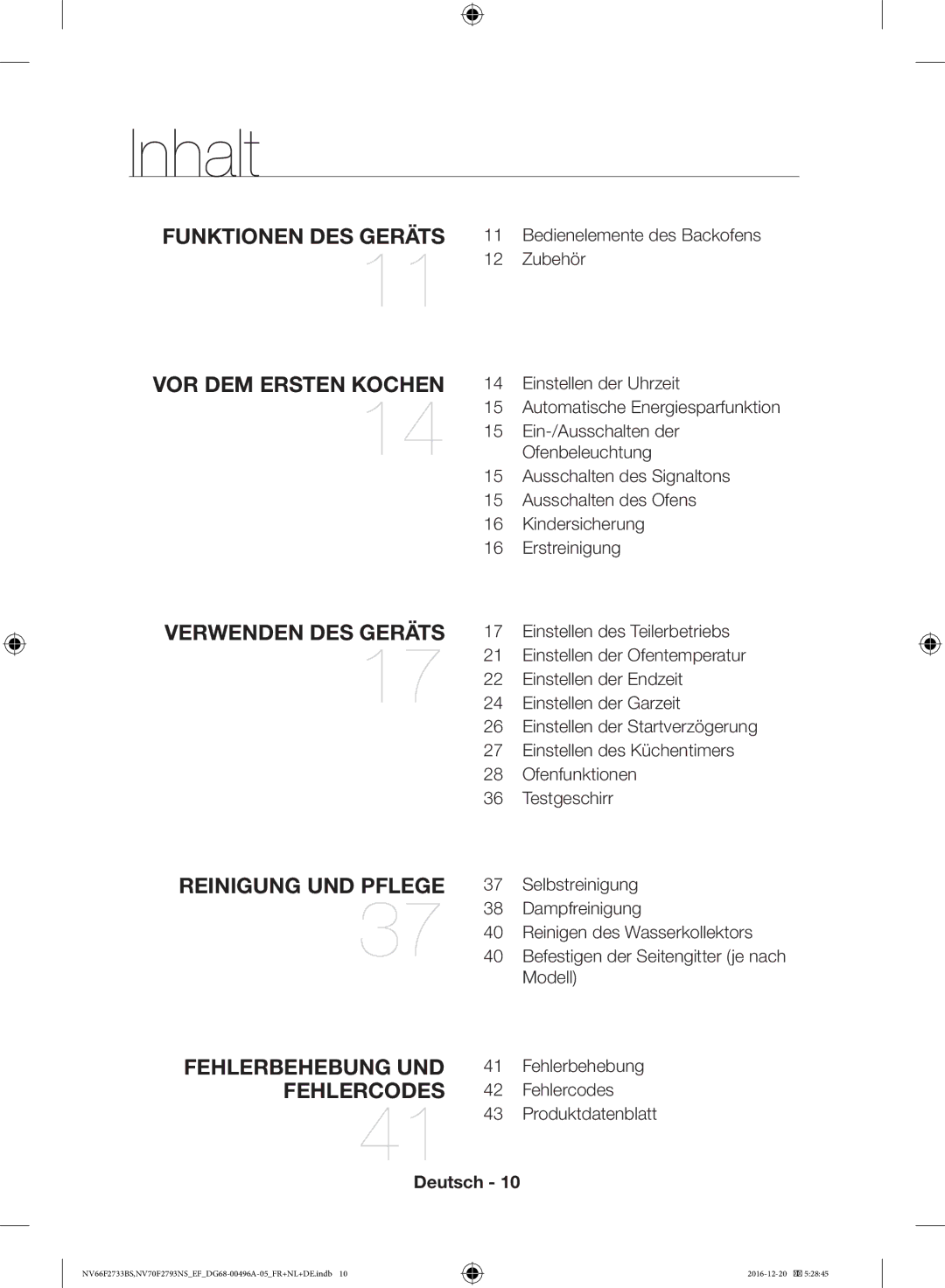 Samsung NV66F2733BS/EF, NV70F2793NS/EF manual Inhalt, Funktionen DES Geräts VOR DEM Ersten Kochen 