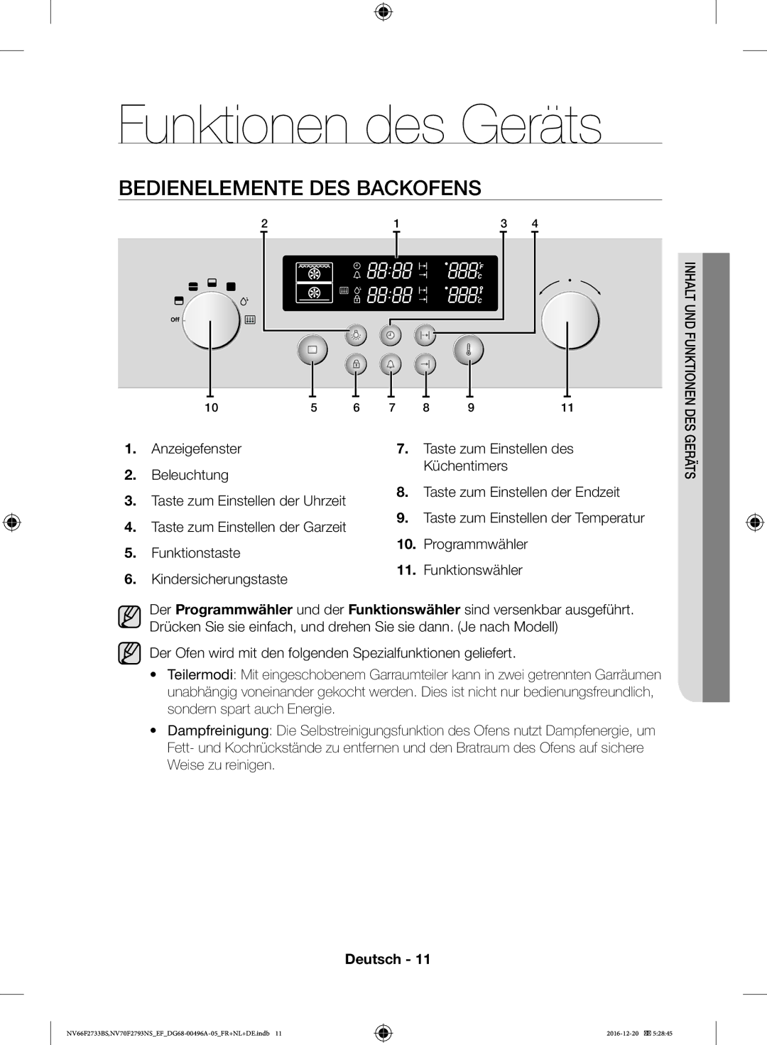 Samsung NV70F2793NS/EF, NV66F2733BS/EF manual Funktionen des Geräts, Bedienelemente DES Backofens 