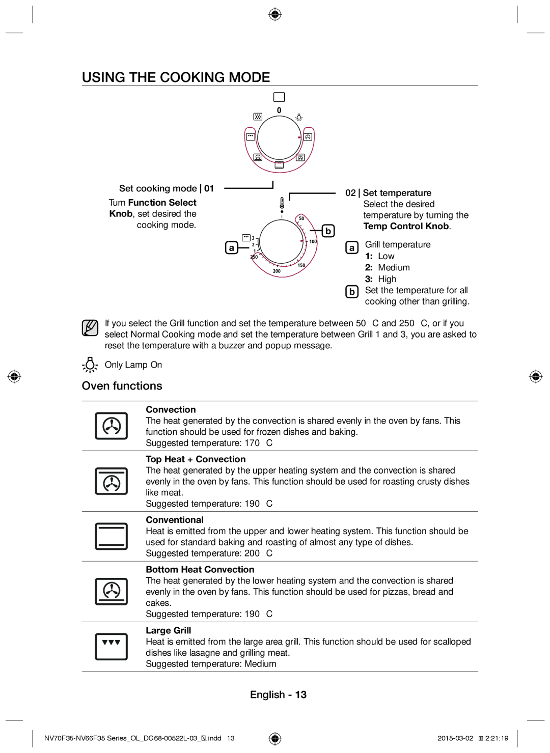 Samsung NV66F3523BS/OL manual Using the cooking mode, Oven functions 