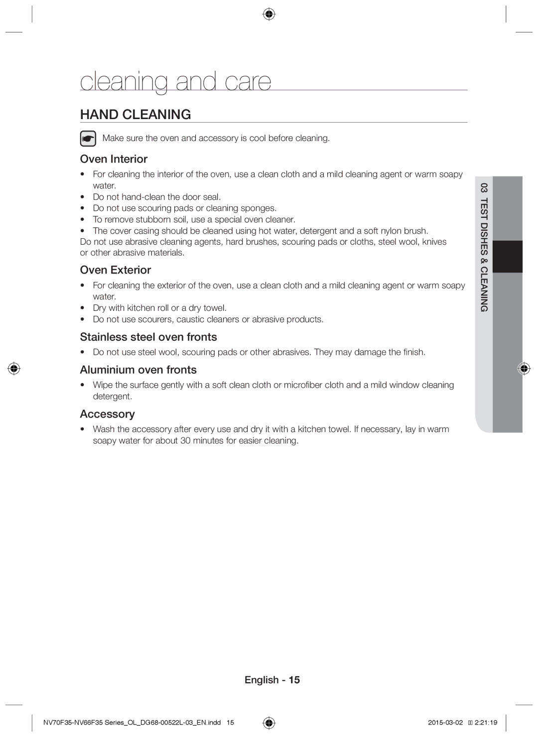 Samsung NV66F3523BS/OL manual Cleaning and care, Hand cleaning 