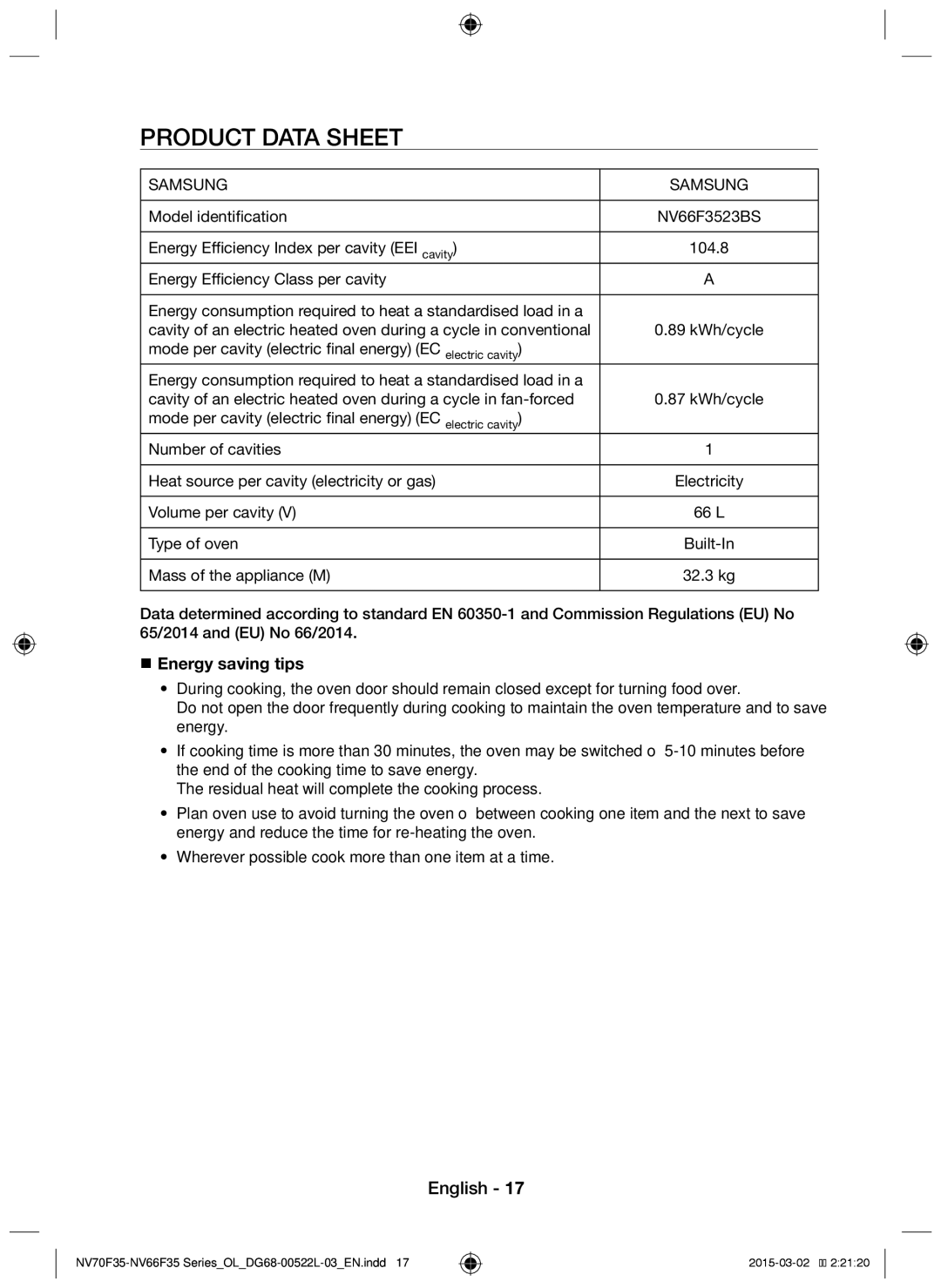 Samsung NV66F3523BS/OL manual Product data sheet,  Energy saving tips 