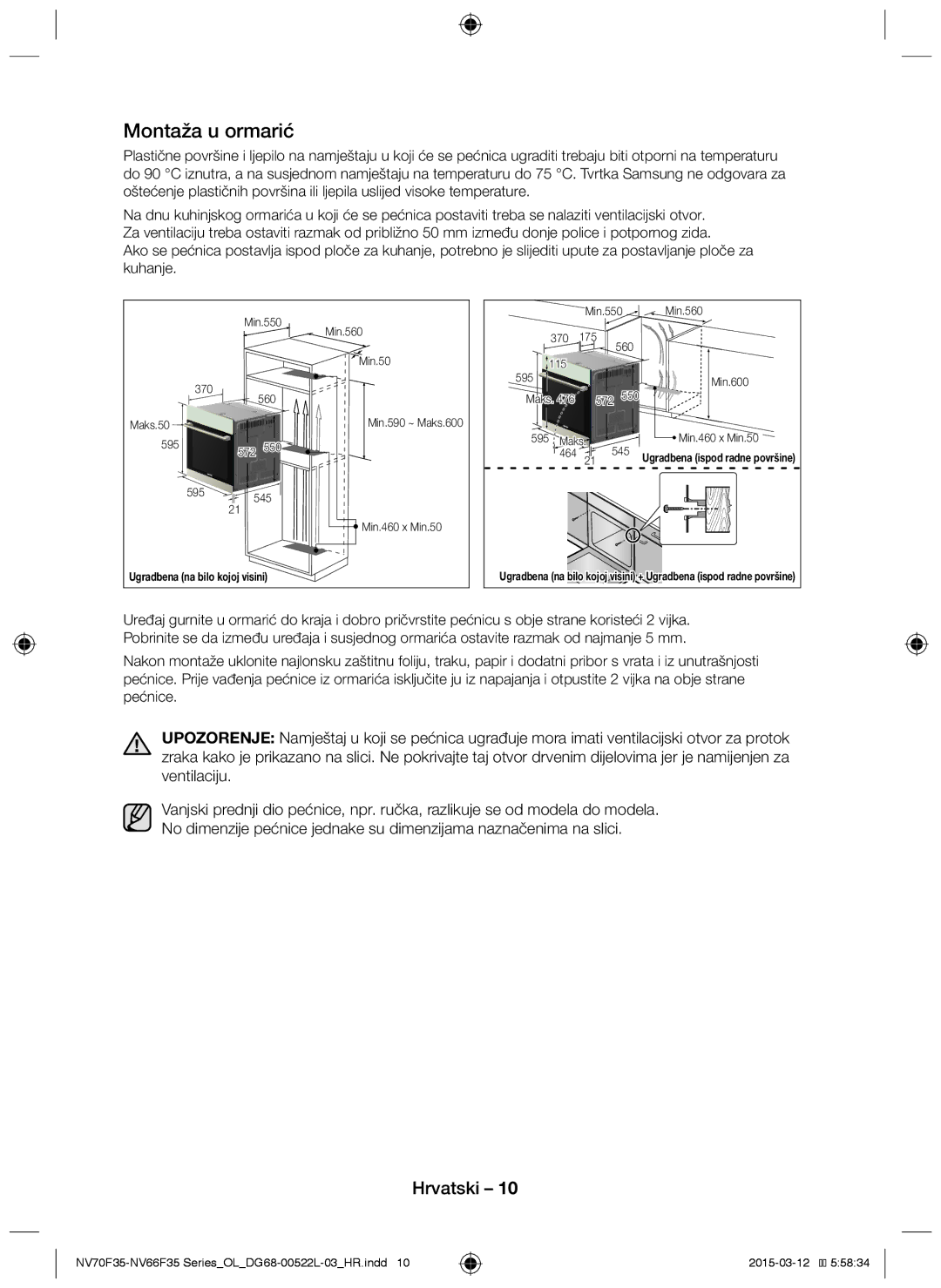 Samsung NV66F3523BS/OL manual Montaža u ormarić 