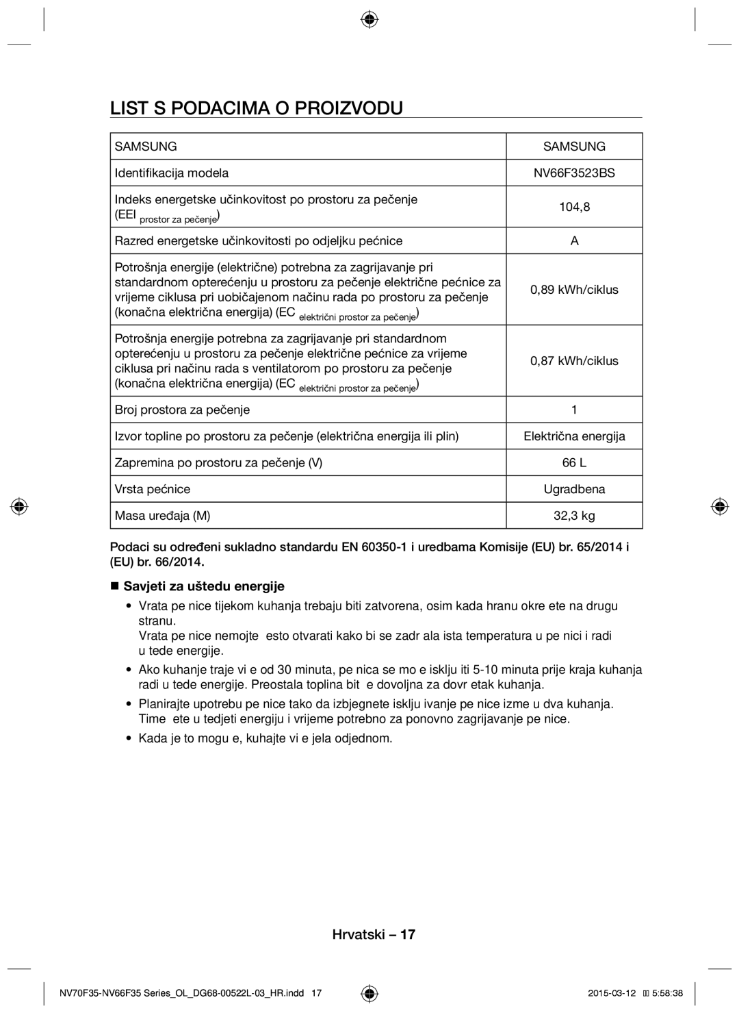 Samsung NV66F3523BS/OL manual List s podacima o proizvodu, Po reifš, 89 kWh/ciklus,  Savjeti za uštedu energije 