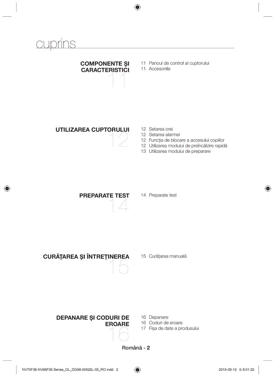 Samsung NV66F3523BS/OL manual Cuprins, Panoul de control al cuptorului Accesoriile 