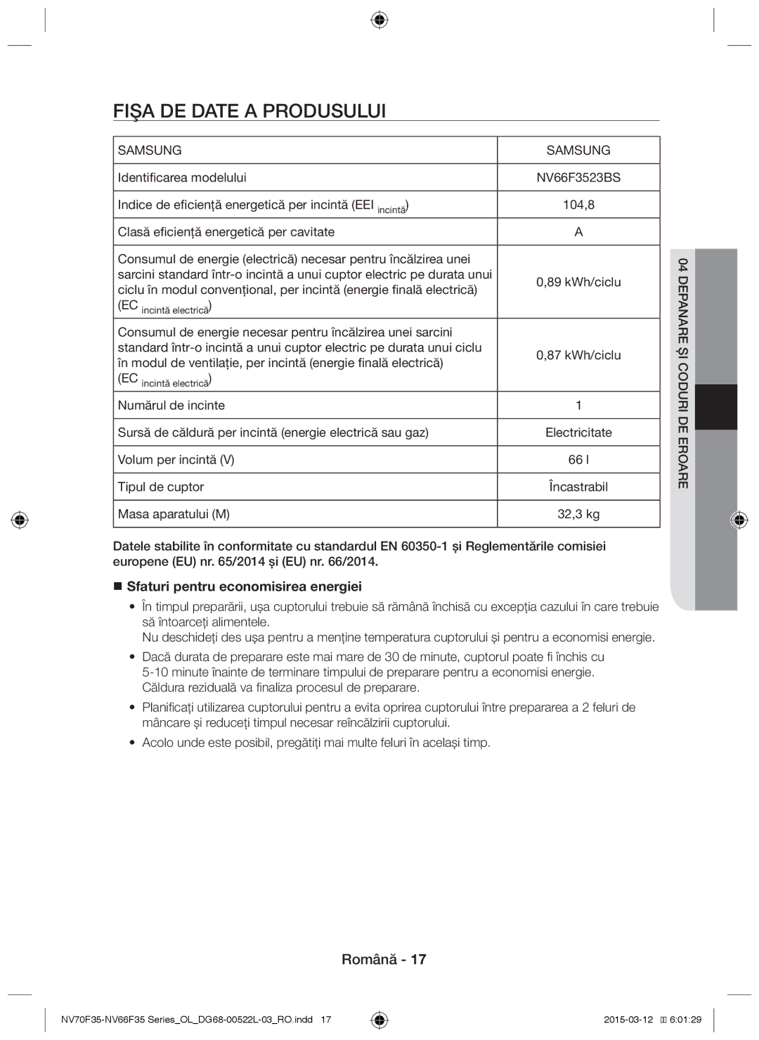 Samsung NV66F3523BS/OL manual Fişa de date a produsului, Identificarea modelului,  Sfaturi pentru economisirea energiei 