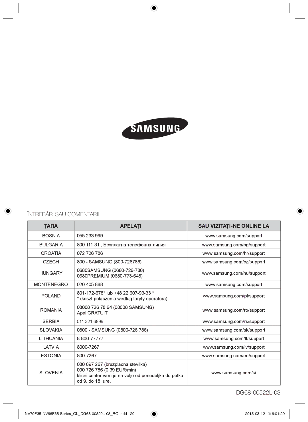 Samsung NV66F3523BS/OL manual Întrebări SAU Comentarii, Țara Apelaţi SAU VIZITAŢI-NE Online LA 