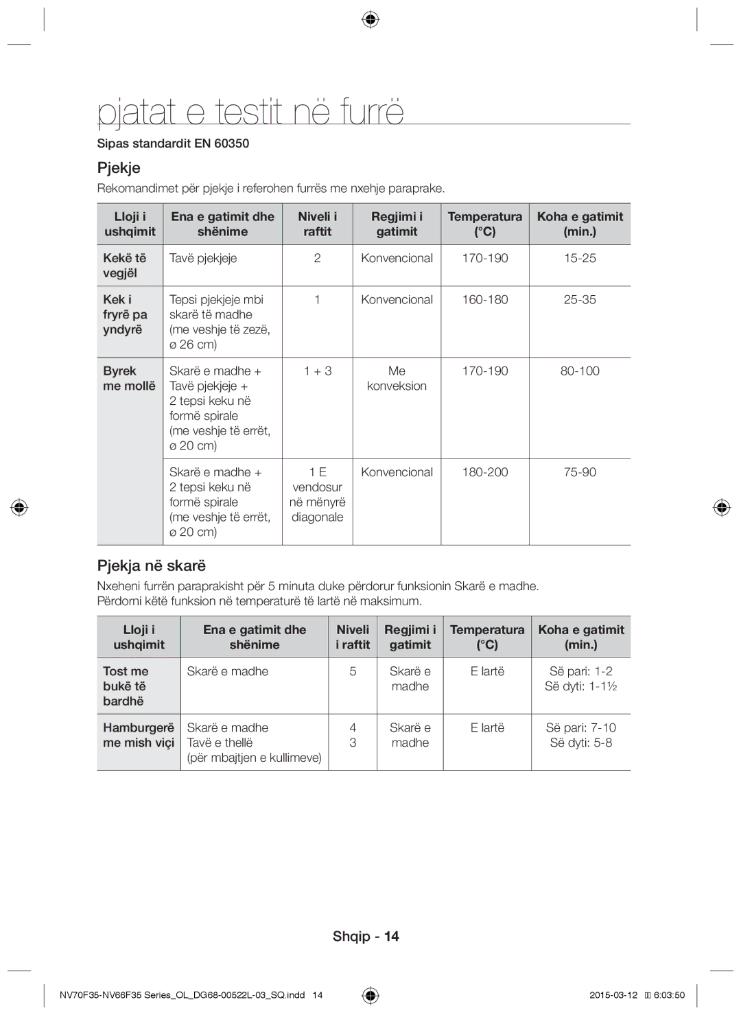 Samsung NV66F3523BS/OL manual Pjatat e testit në furrë, Pjekje, Pjekja në skarë 