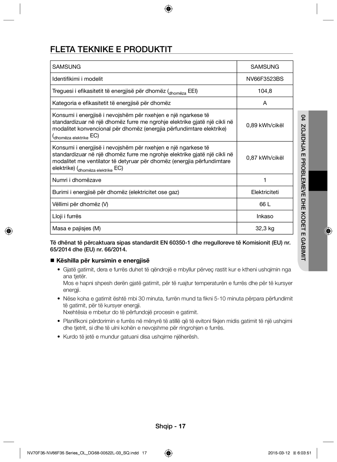 Samsung NV66F3523BS/OL manual Fleta teknike e produktit, Dhe, Identifikimi i modelit,  Këshilla për kursimin e energjisë 