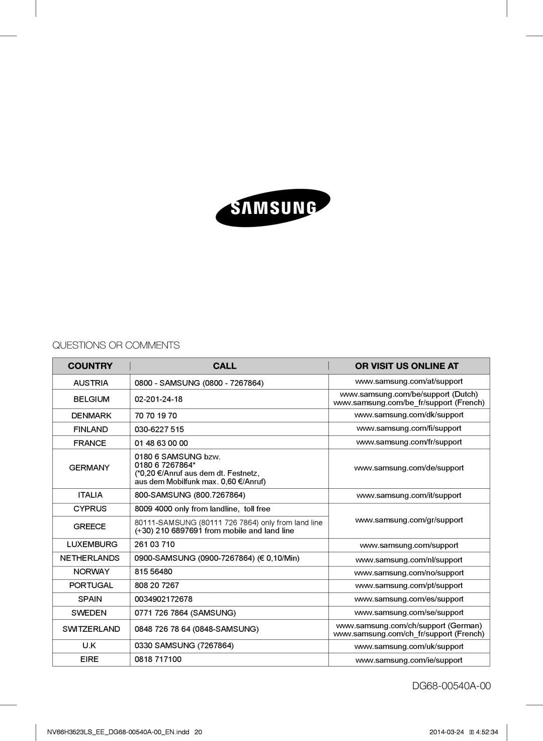 Samsung NV66H3523LS/EE manual DG68-00540A-00 