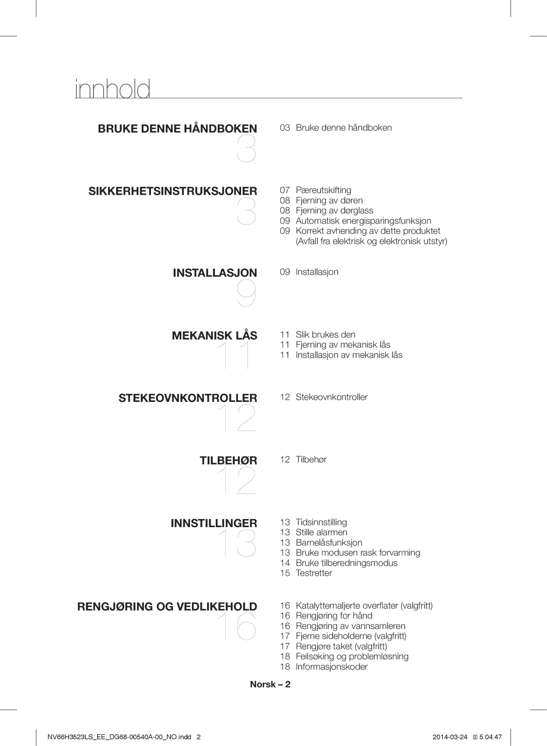 Samsung NV66H3523LS/EE manual Innhold, Norsk 