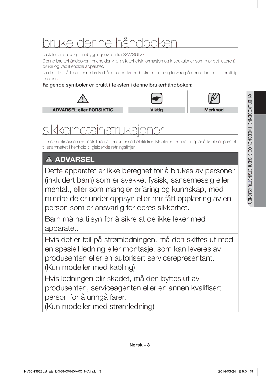 Samsung NV66H3523LS/EE manual Bruke denne håndboken, Sikkerhetsinstruksjoner, Viktig 