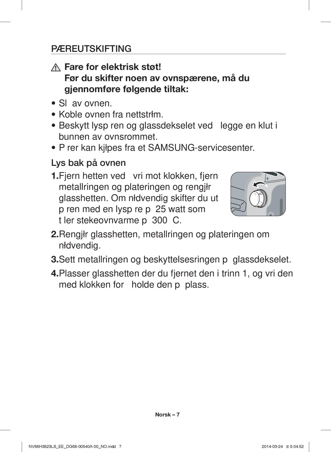 Samsung NV66H3523LS/EE manual Pæreutskifting 