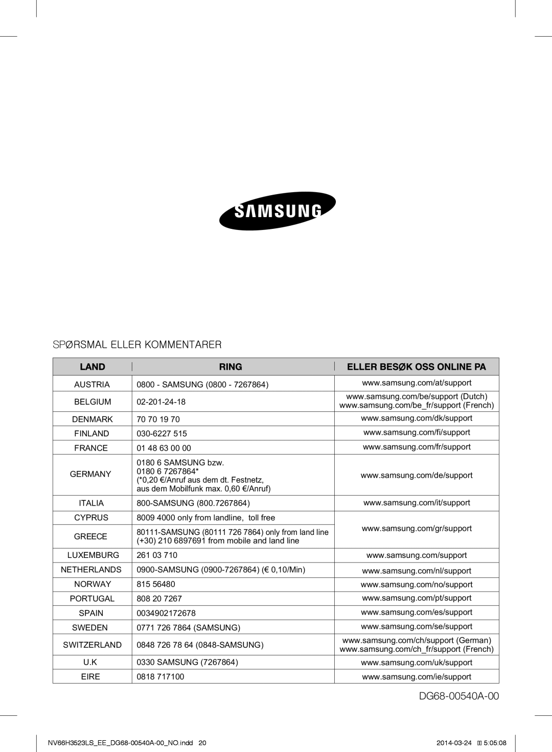 Samsung NV66H3523LS/EE manual DG68-00540A-00 