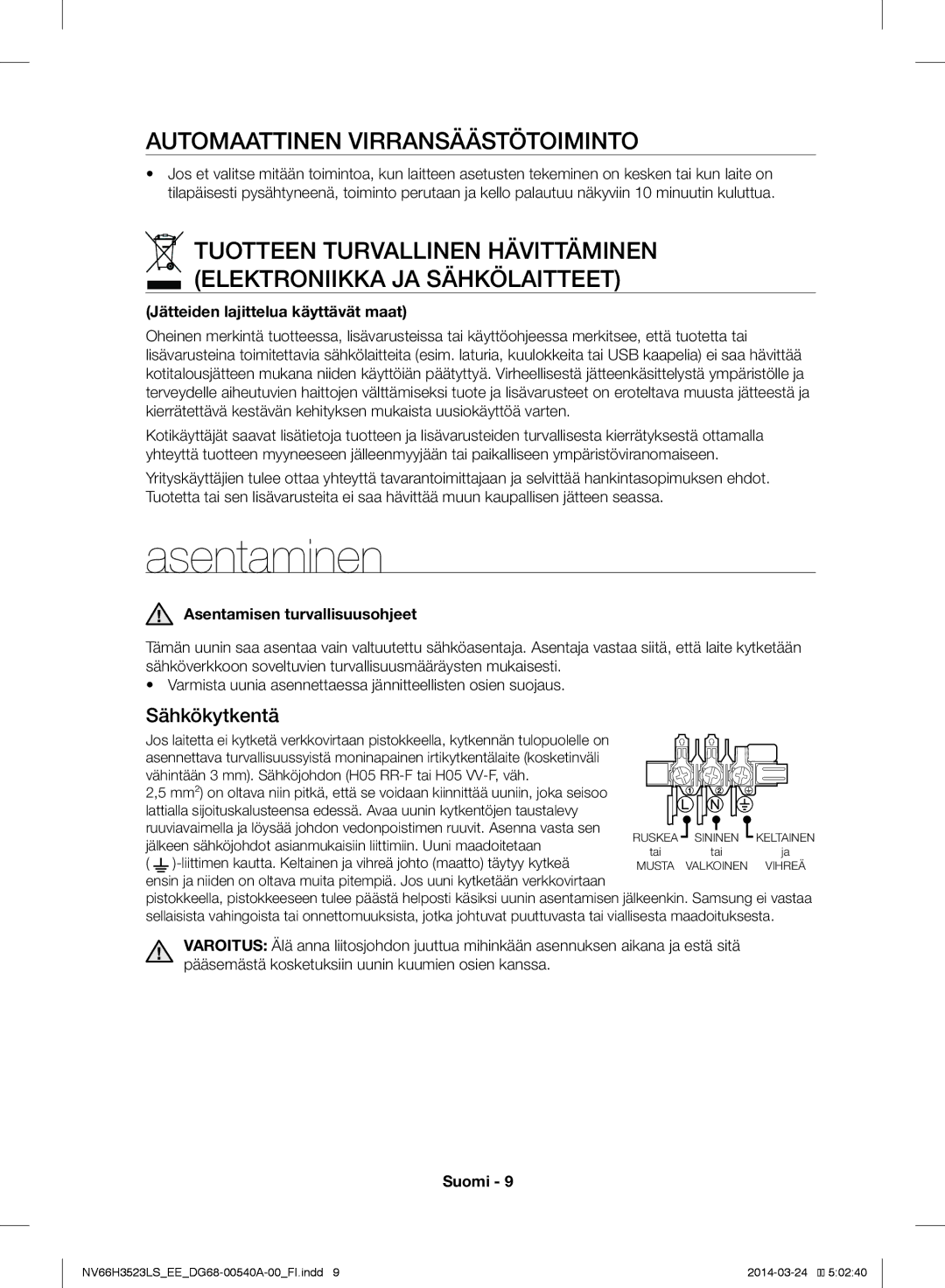 Samsung NV66H3523LS/EE Asentaminen, Automaattinen Virransäästötoiminto, Sähkökytkentä, Jätteiden lajittelua käyttävät maat 