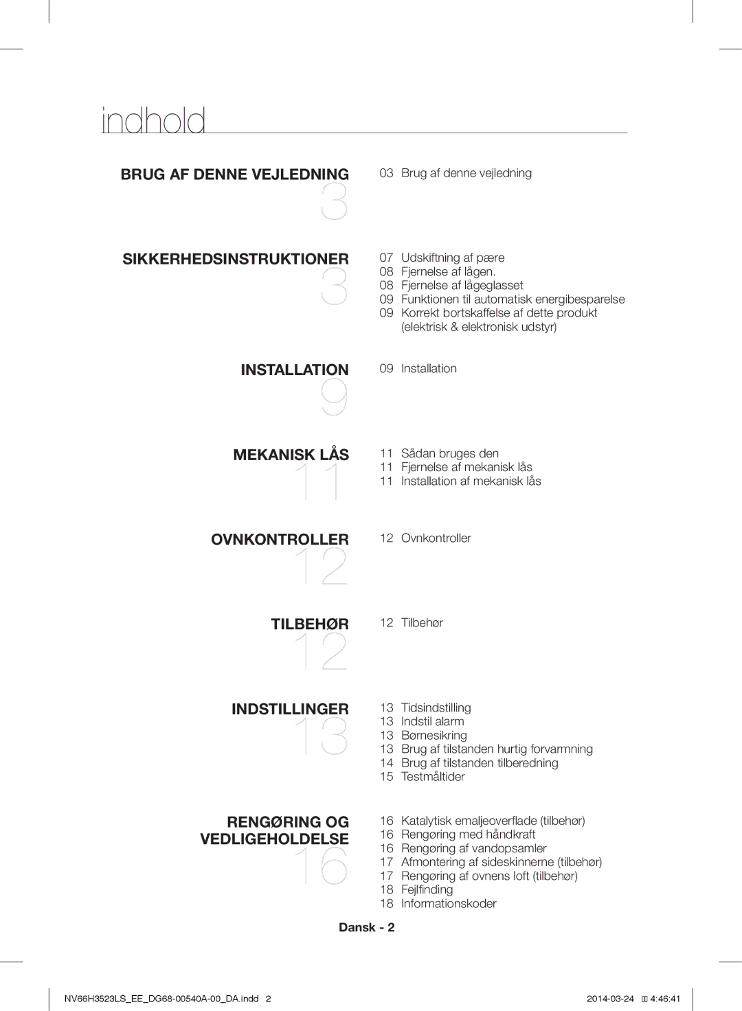 Samsung NV66H3523LS/EE manual Indhold, Dansk 