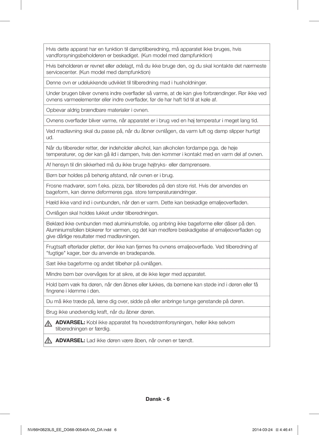 Samsung NV66H3523LS/EE manual Dansk 