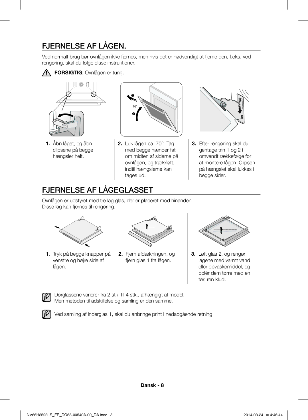 Samsung NV66H3523LS/EE manual Fjernelse AF Lågen, Fjernelse AF Lågeglasset 