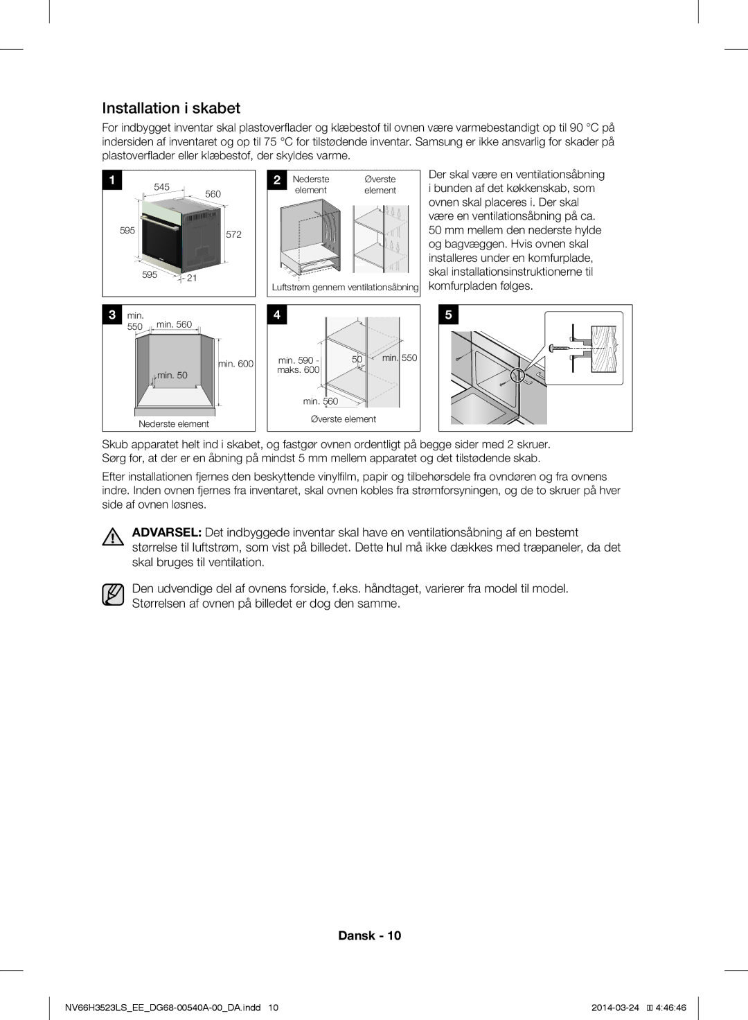 Samsung NV66H3523LS/EE manual Installation i skabet 