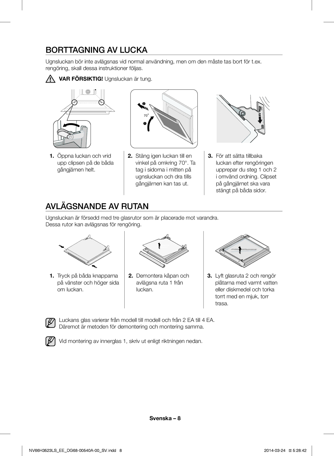 Samsung NV66H3523LS/EE manual Borttagning AV Lucka, Avlägsnande AV Rutan 