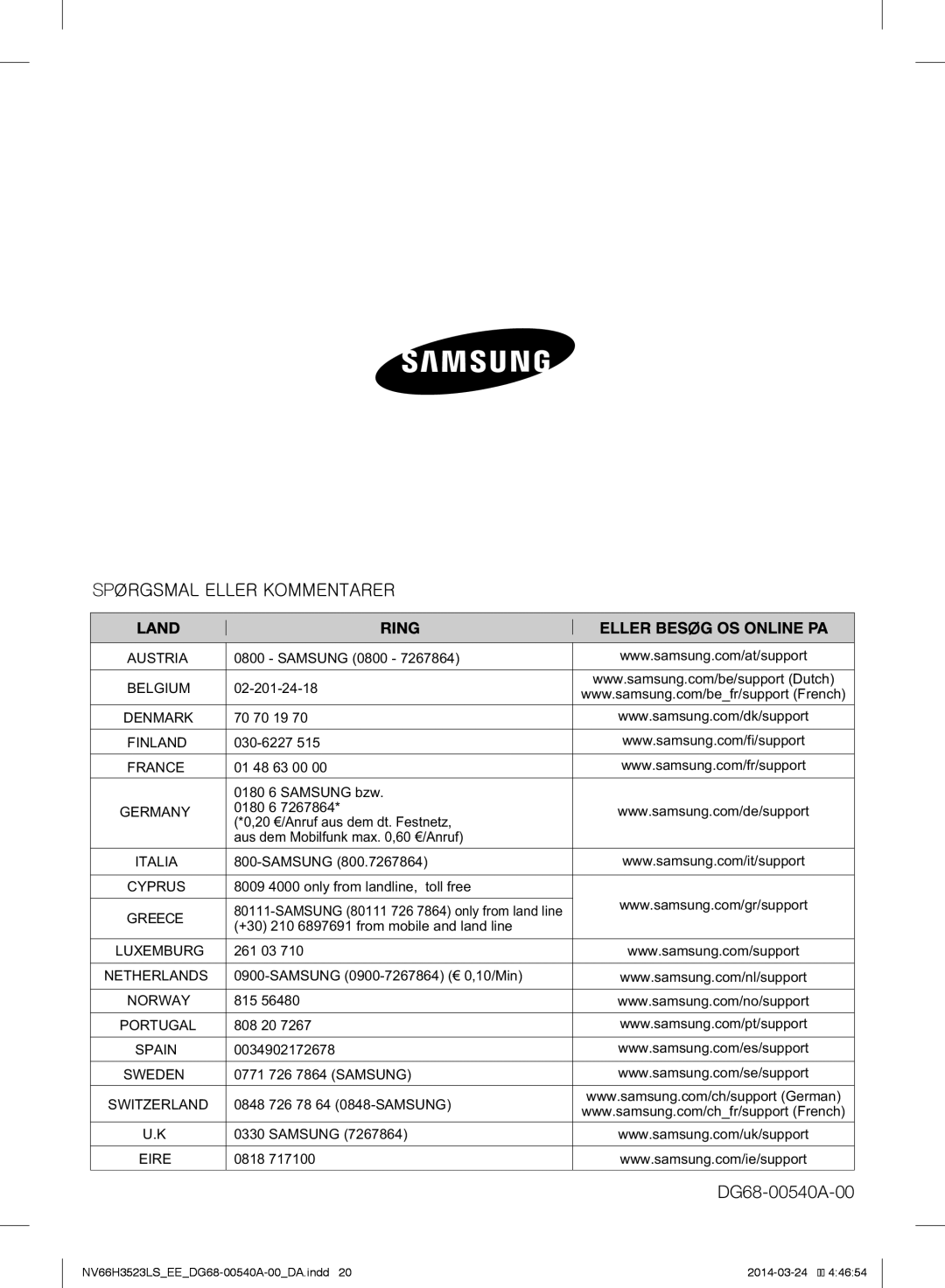 Samsung NV66H3523LS/EE manual DG68-00540A-00 