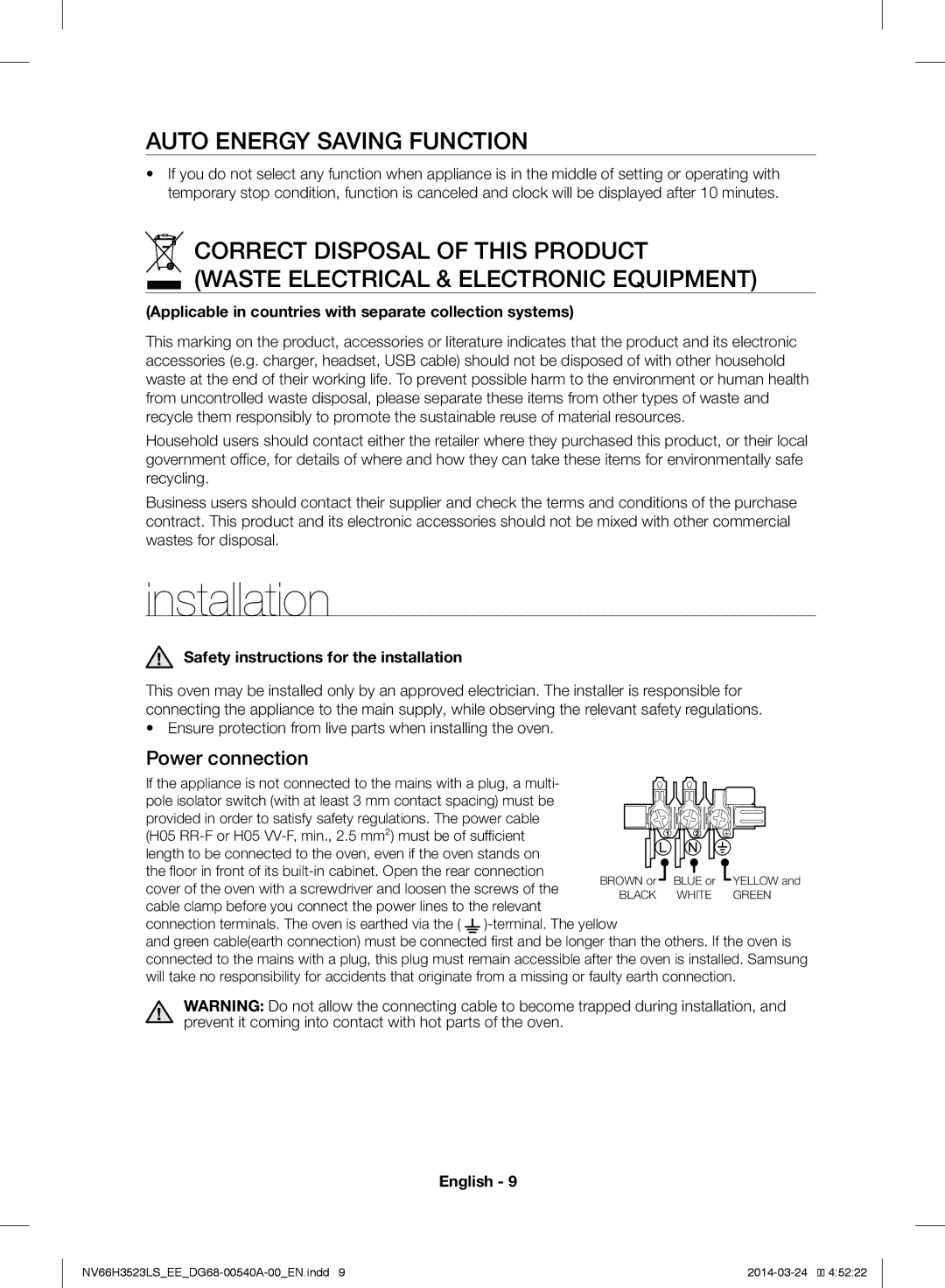 Samsung NV66H3523LS/EE manual Auto Energy Saving Function, Power connection, Safety instructions for the installation 