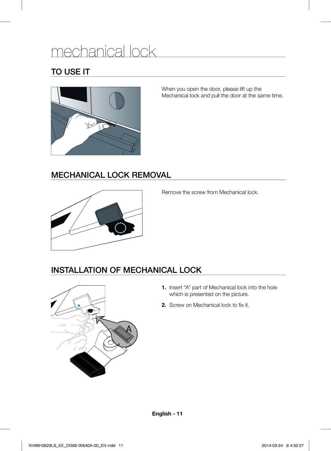 Samsung NV66H3523LS/EE manual Mechanical lock, To USE IT, Mechanical Lock Removal, Installation of Mechanical Lock 