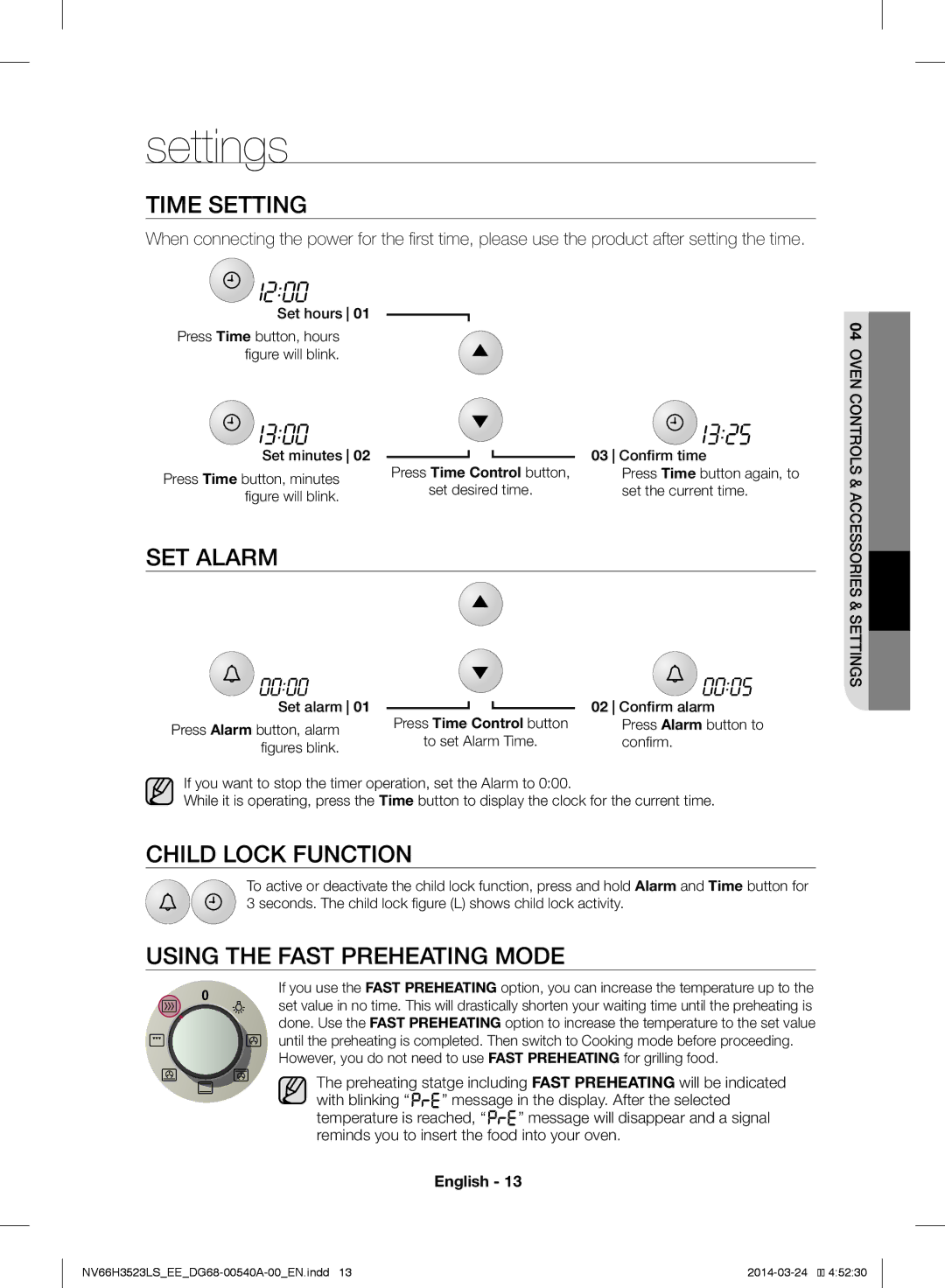 Samsung NV66H3523LS/EE manual Settings, Time Setting, SET Alarm, Child Lock Function, Using the Fast Preheating Mode 