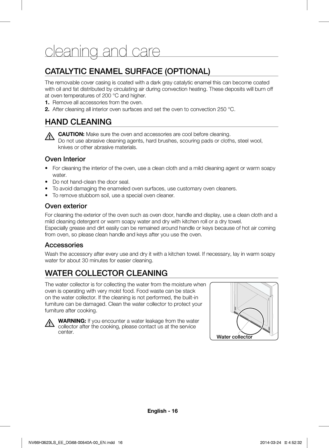 Samsung NV66H3523LS/EE manual Cleaning and care, Catalytic Enamel Surface Optional, Hand Cleaning, Water Collector Cleaning 