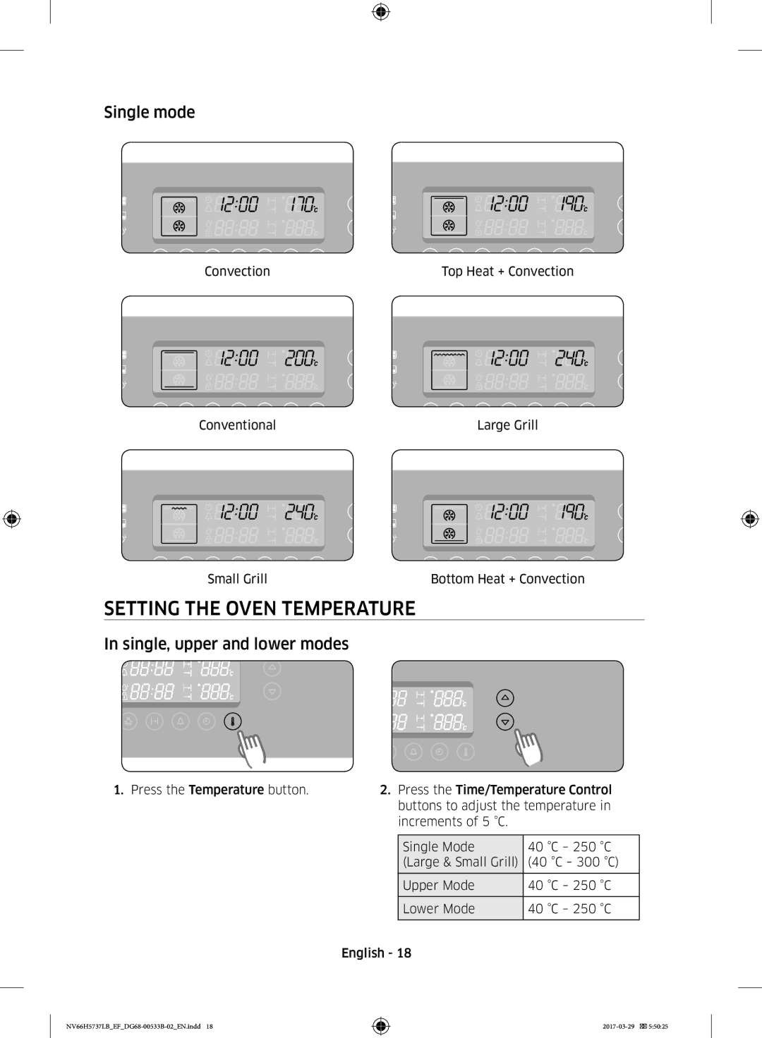 Samsung NV66H5737LB/EF manual Setting the Oven Temperature, Single mode, Single, upper and lower modes 