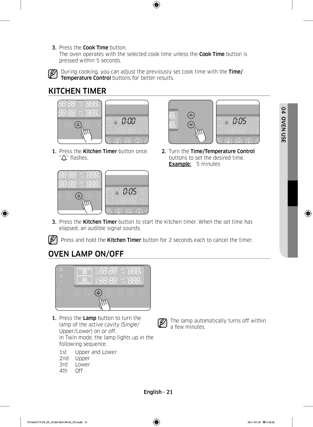Samsung NV66H5737LB/EF manual Kitchen Timer, Oven Lamp ON/OFF 