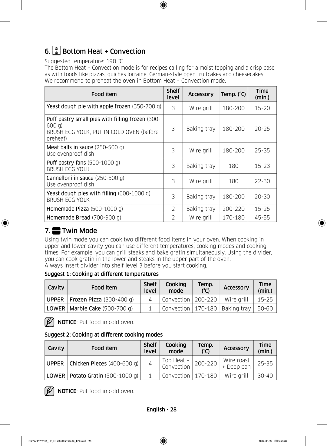 Samsung NV66H5737LB/EF manual Bottom Heat + Convection, Brush EGG Yolk, Upper, Lower 