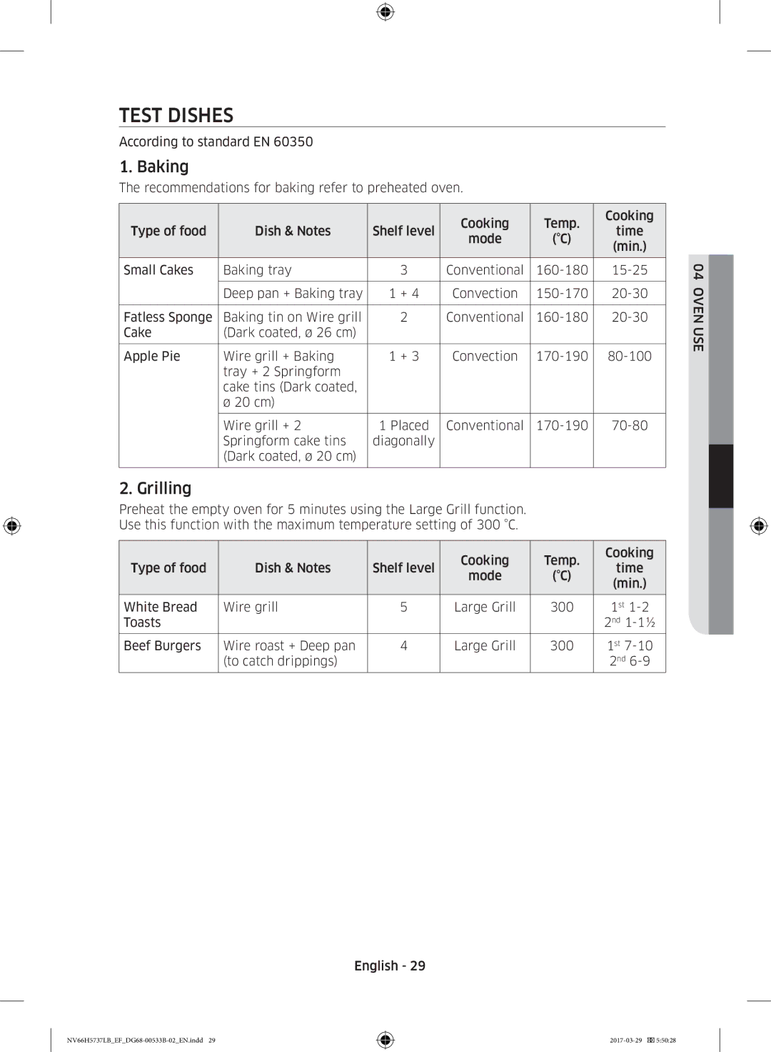 Samsung NV66H5737LB/EF manual Test Dishes, Baking, Grilling 