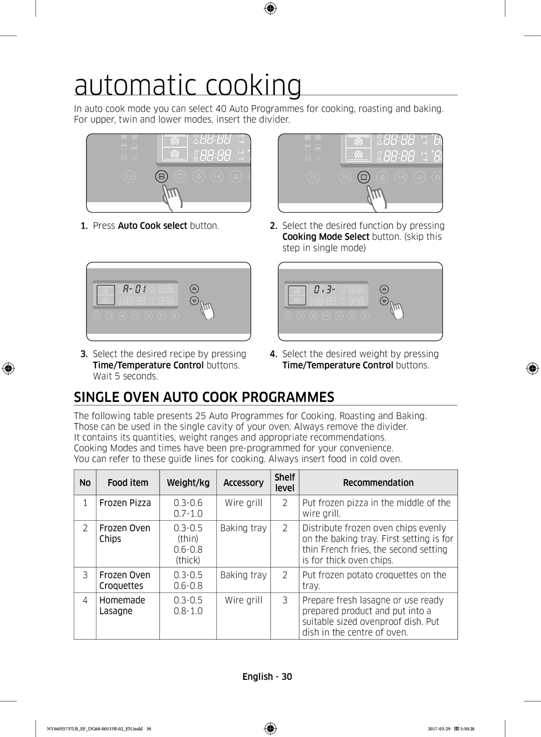 Samsung NV66H5737LB/EF manual Automatic cooking, Single Oven Auto Cook Programmes 