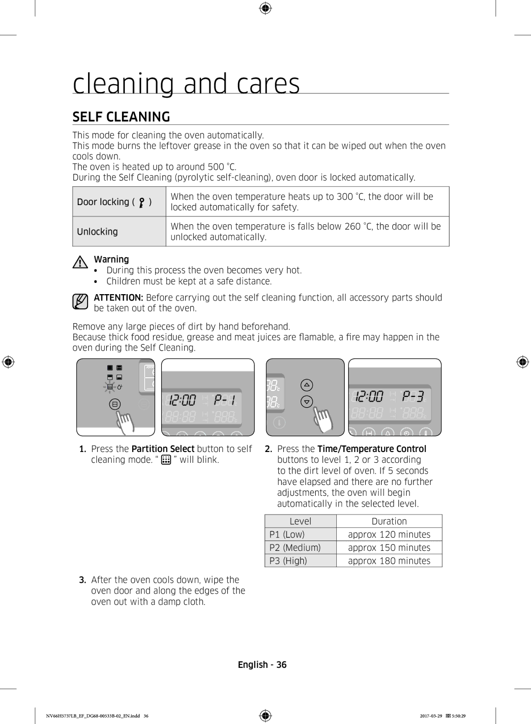 Samsung NV66H5737LB/EF manual Cleaning and cares, Self Cleaning 