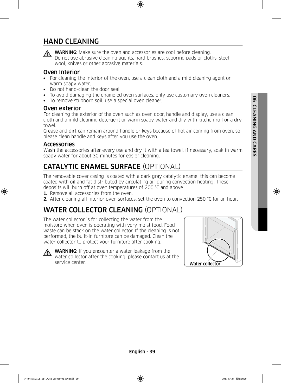 Samsung NV66H5737LB/EF manual Hand Cleaning, Catalytic Enamel Surface Optional, Water Collector Cleaning Optional 