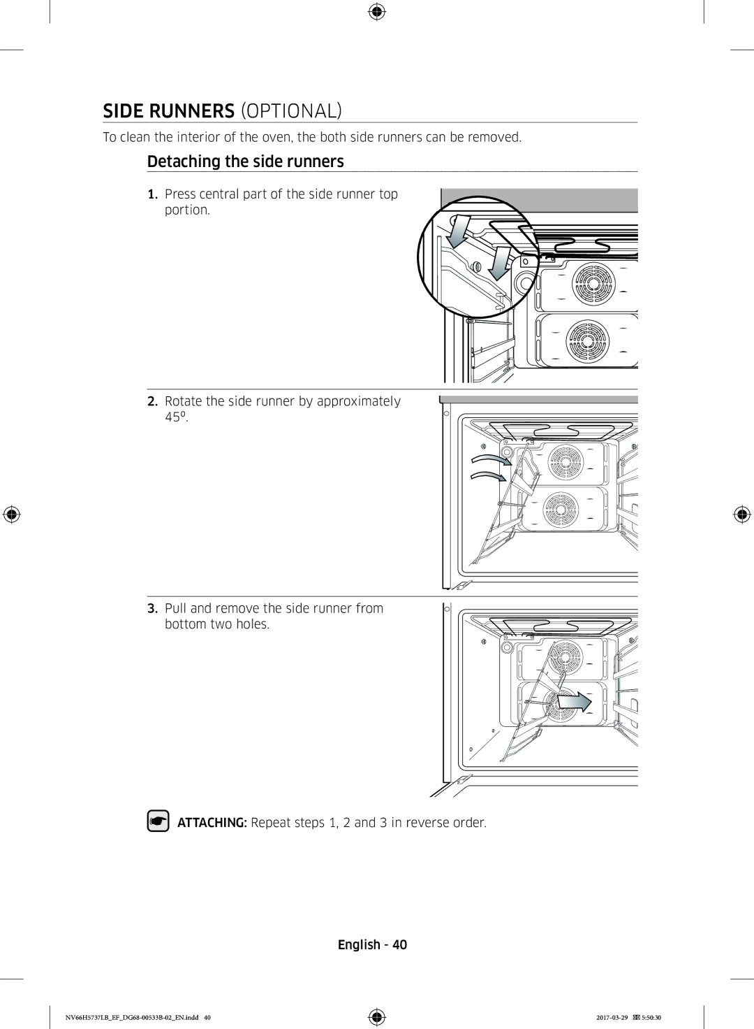 Samsung NV66H5737LB/EF manual Side Runners Optional, Detaching the side runners 