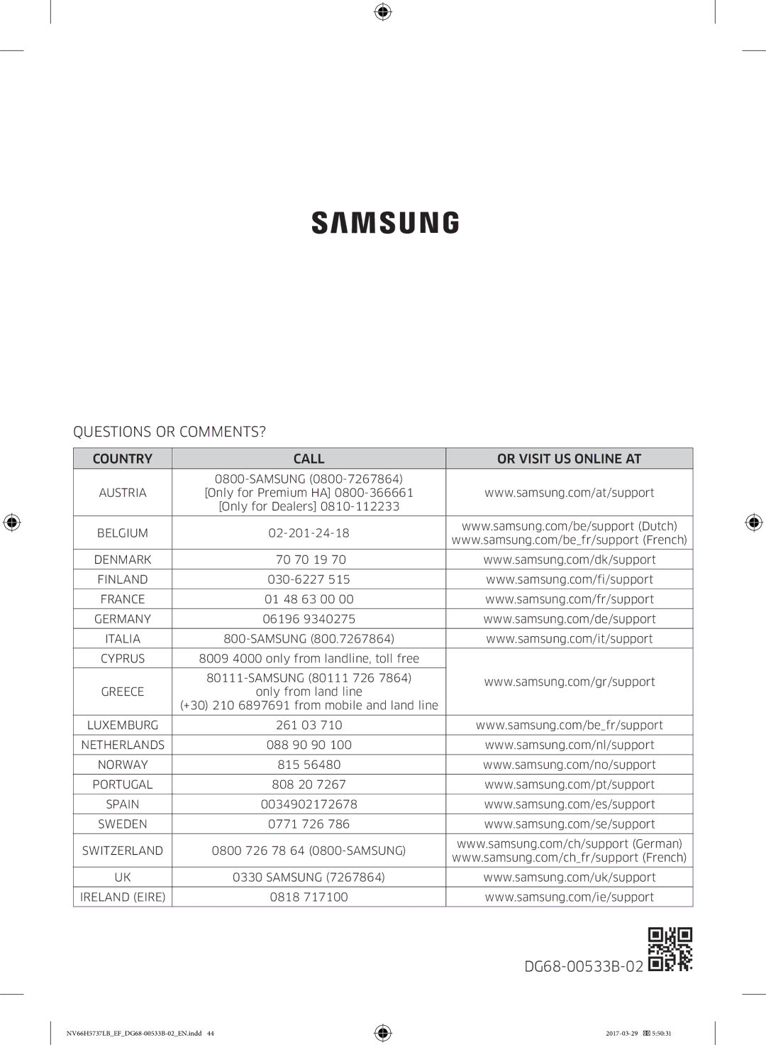 Samsung NV66H5737LB/EF manual Questions or COMMENTS?, Country Call Or Visit US Online AT 