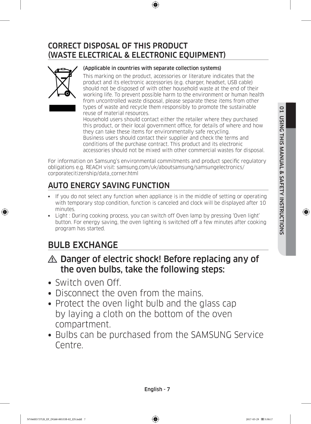 Samsung NV66H5737LB/EF manual Bulb Exchange, Auto Energy Saving Function 