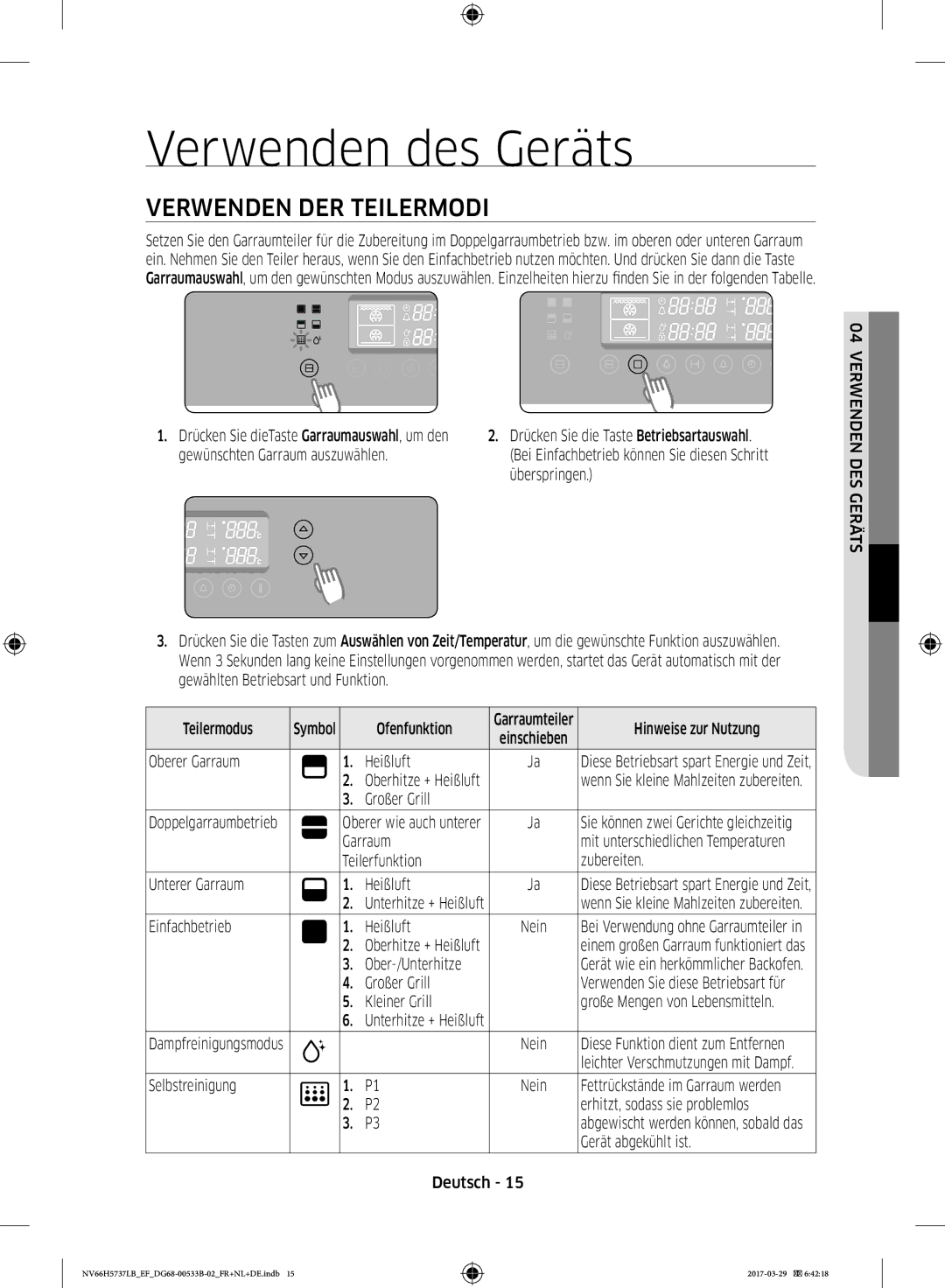 Samsung NV66H5737LB/EF manual Verwenden des Geräts, Verwenden DER Teilermodi 