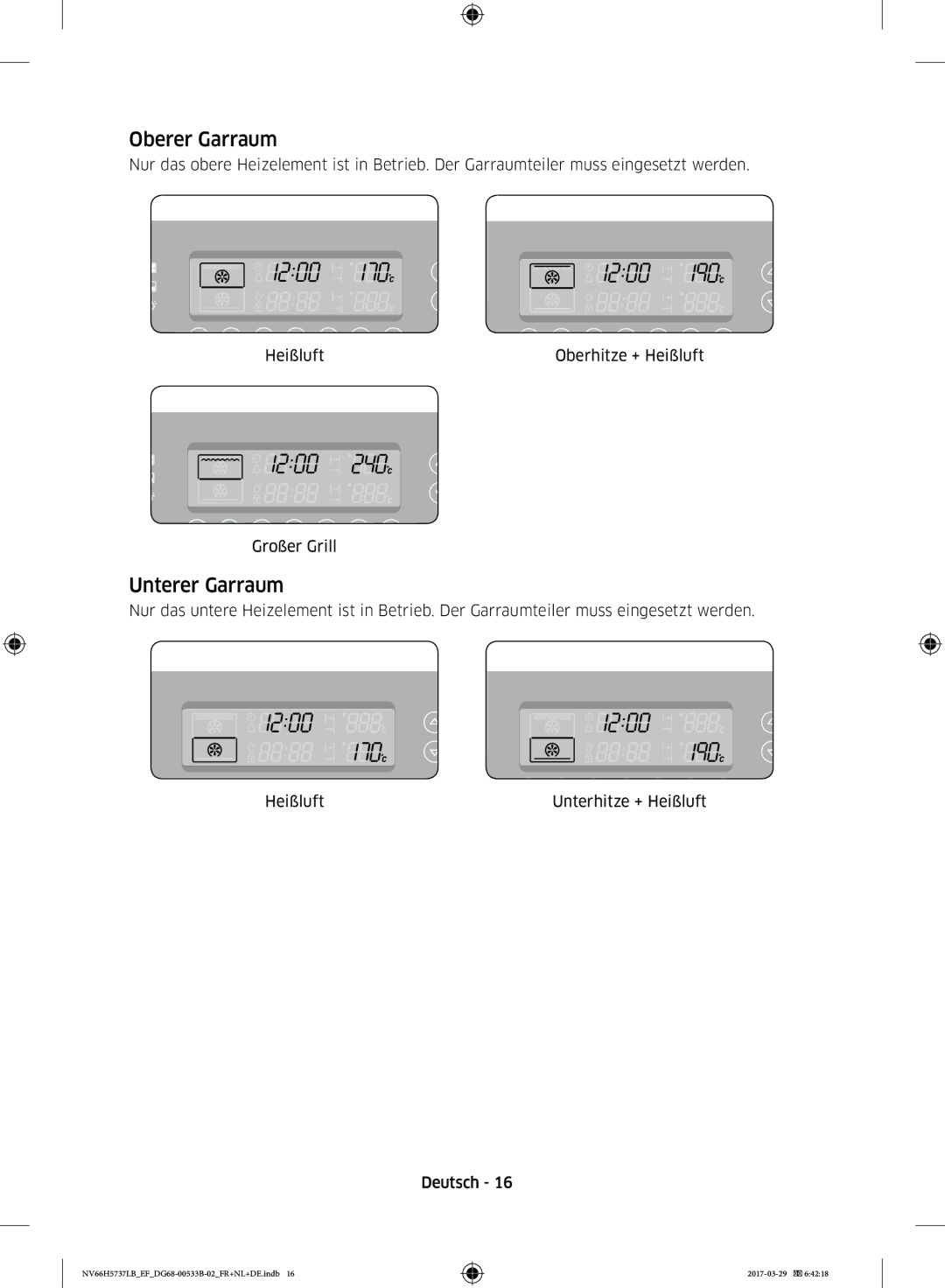 Samsung NV66H5737LB/EF manual Oberer Garraum, Unterer Garraum 