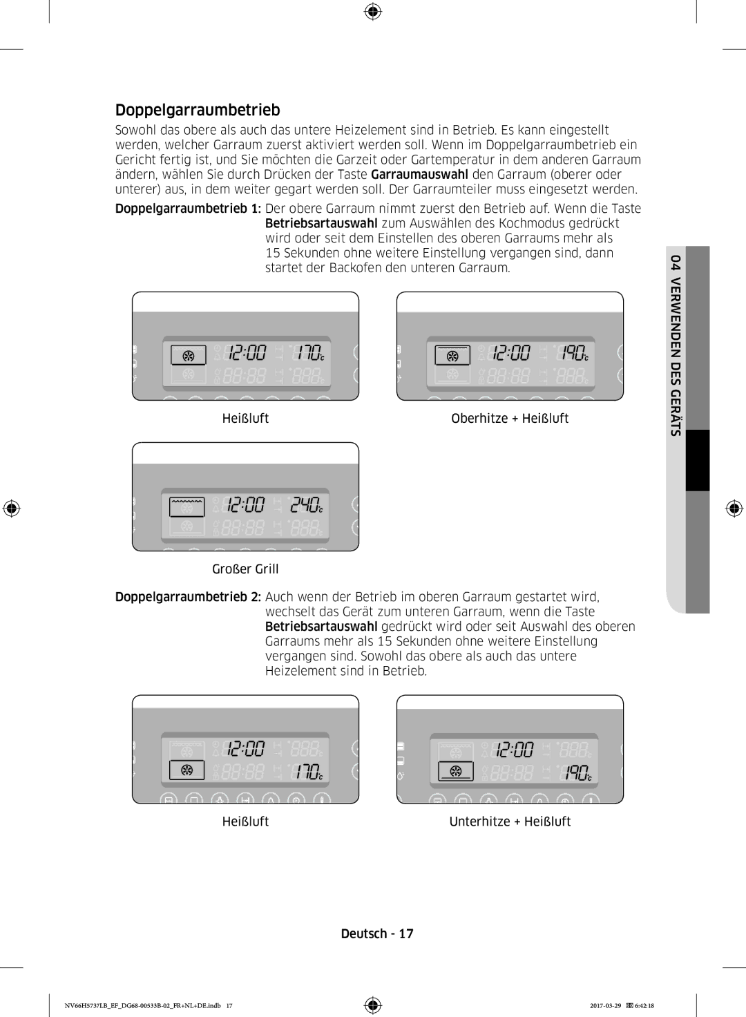 Samsung NV66H5737LB/EF manual Doppelgarraumbetrieb, Verwenden DES Geräts, Heißluft Unterhitze + Heißluft Deutsch 