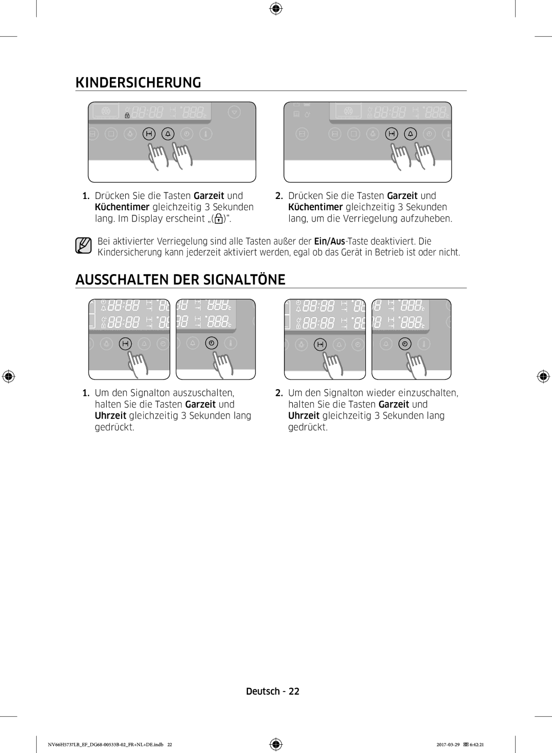 Samsung NV66H5737LB/EF manual Kindersicherung, Ausschalten DER Signaltöne 