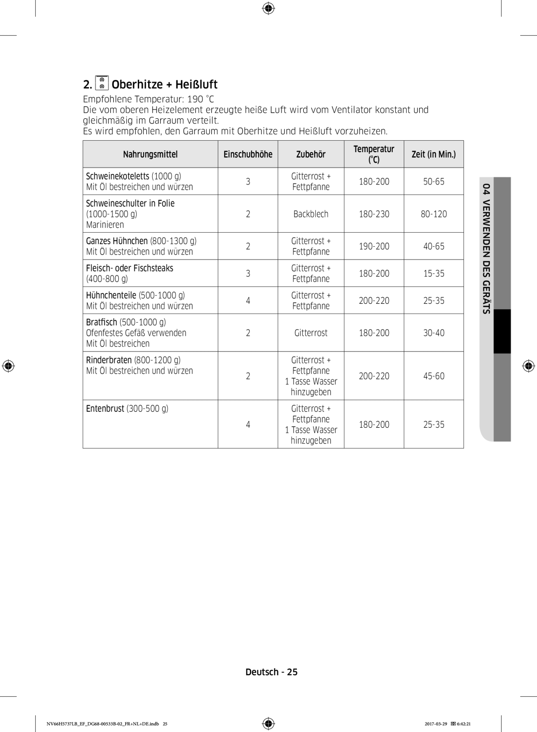 Samsung NV66H5737LB/EF manual Oberhitze + Heißluft 