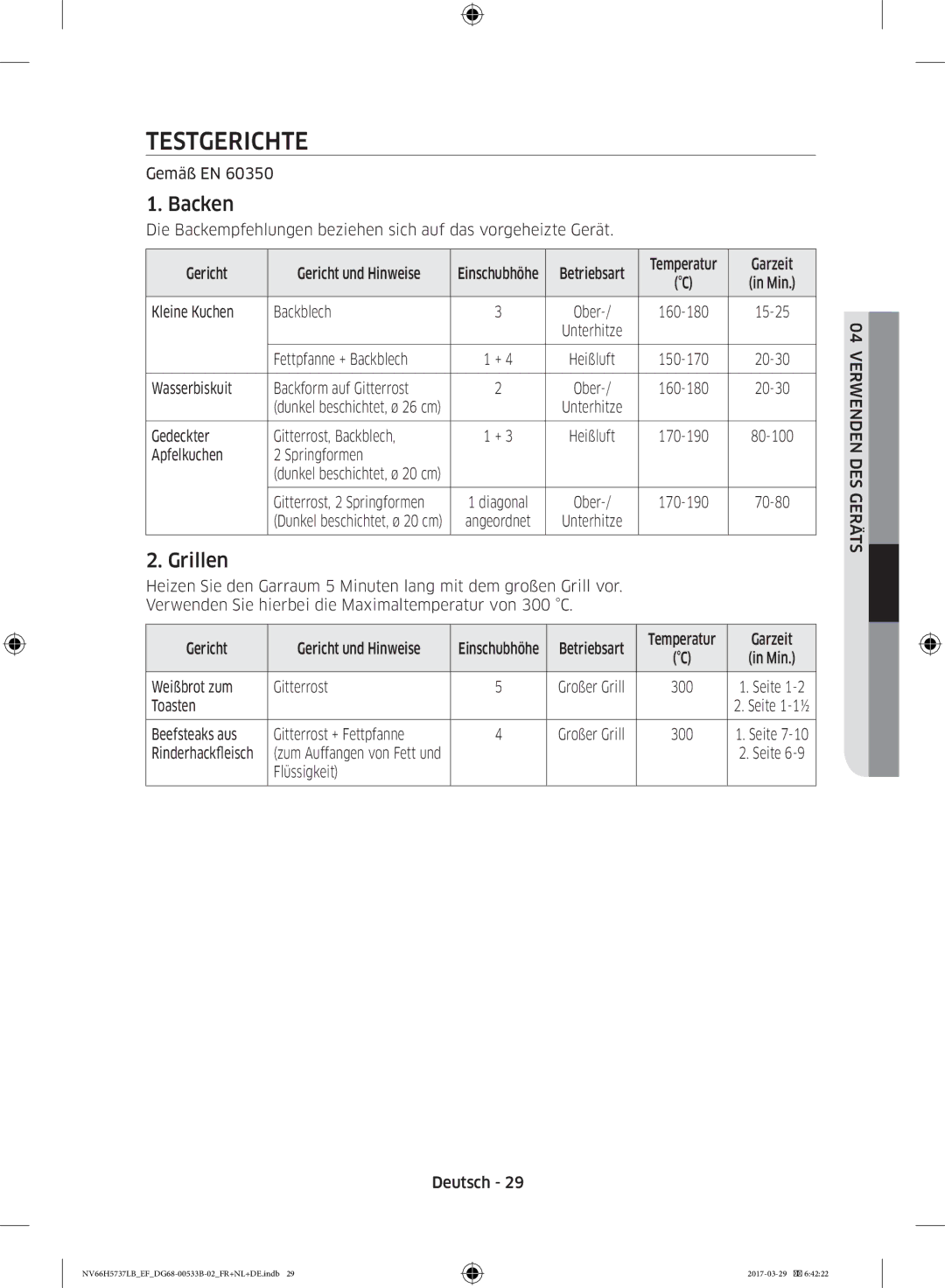 Samsung NV66H5737LB/EF manual Testgerichte, Backen 