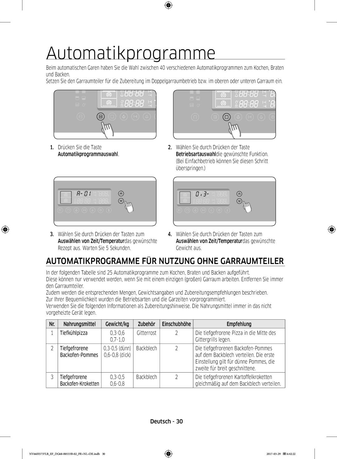 Samsung NV66H5737LB/EF manual Automatikprogramme FÜR Nutzung Ohne Garraumteiler 