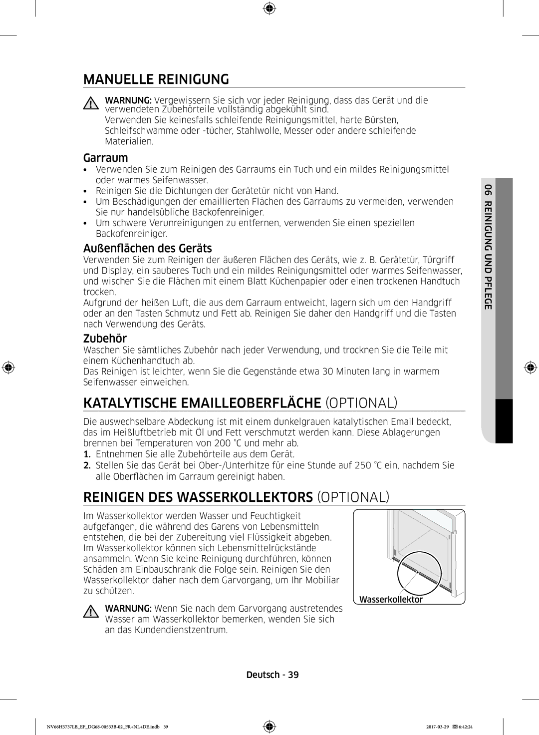 Samsung NV66H5737LB/EF Manuelle Reinigung, Katalytische Emailleoberfläche Optional, Reinigen DES Wasserkollektors Optional 